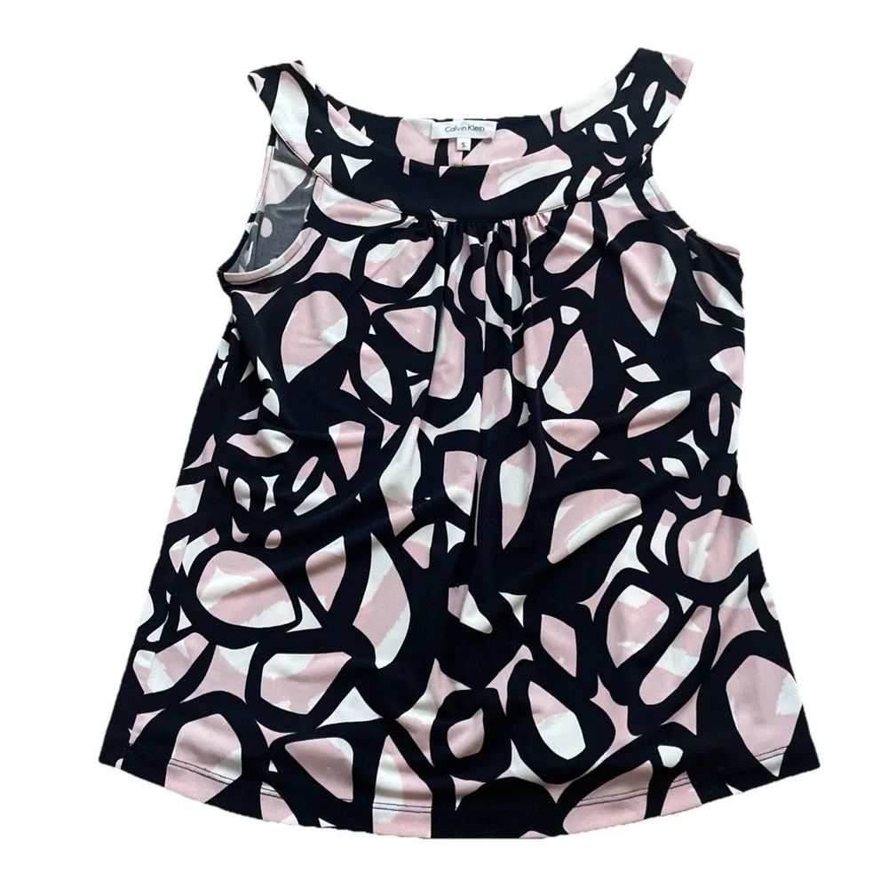 Calvin Klein Sleeveless Cowl Neck Top Blouse Pink Black Stretchy Size S RN#54163